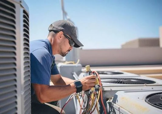Technician checking refrigerant gauges beside rooftop cooling equipment